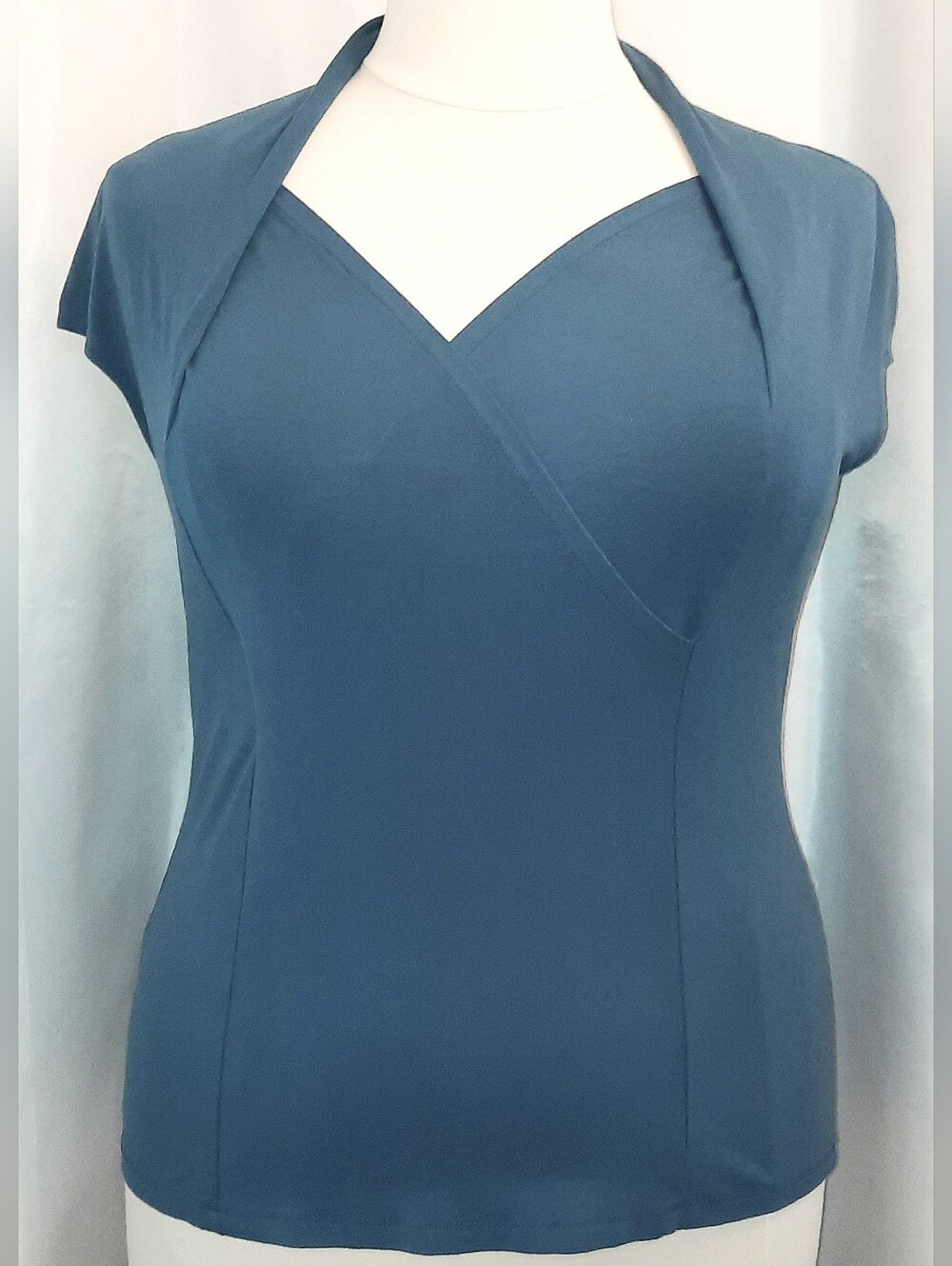 Ronen Chen Slate Grey-Teal Deep-V-Diamond-Neck Short-Sleeve Top Womens XL/5